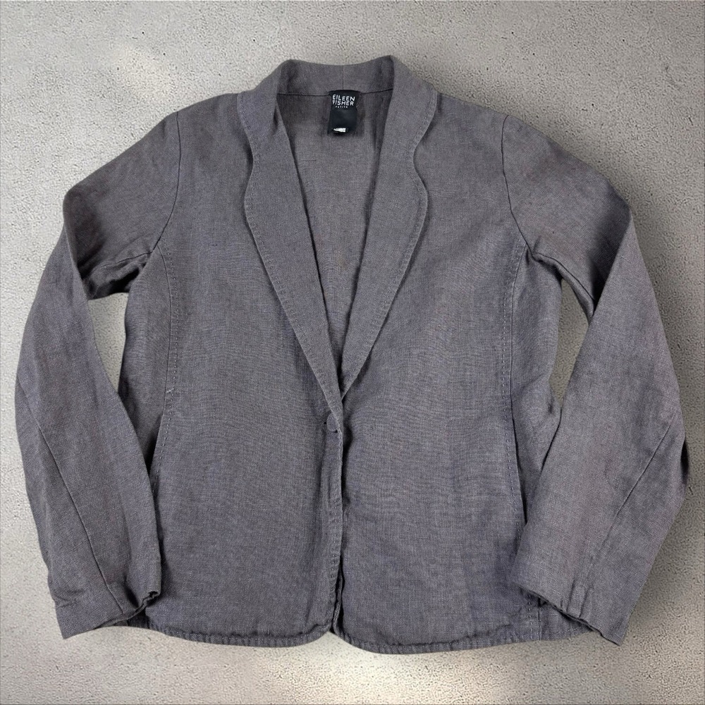 Eileen Fisher Womans Gray Irish Linen Minimalist Lagenlook Blazer Size S Petite